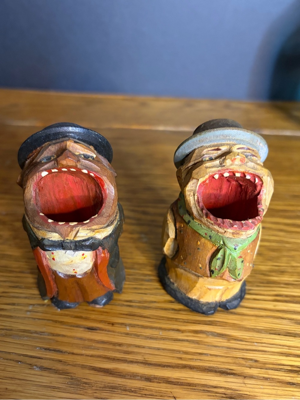 Vintage ANRI Style Carved Wood Big Mouth Toothpick Match Holder Set